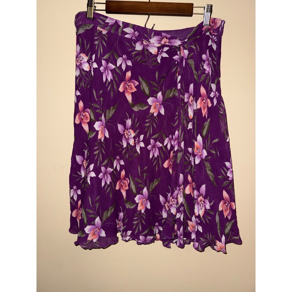 Fairycore Purple Floral 100% Silk Midi Skirt Lettuce Hem Size 14P Office‎
